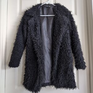 Black lightweight shaggy fuzzy faux fur jacket
